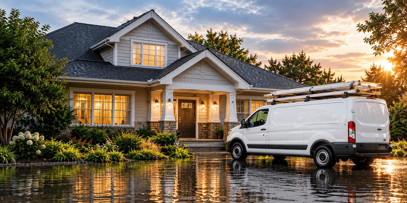 Craftsman-style house at sunset with floodwater across the driveway and a work van parked out front